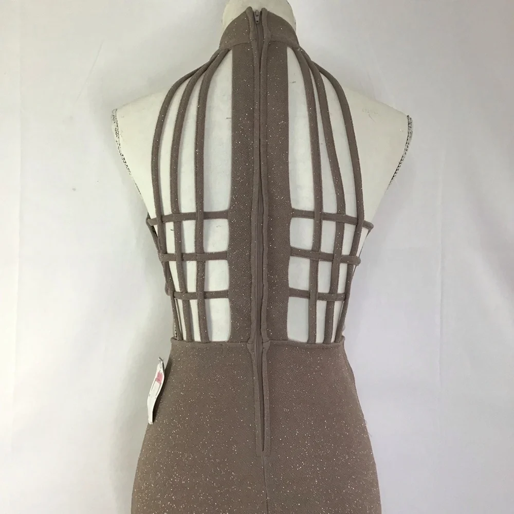 NWT- XTRAORDINARY WOMEN ELEGANT TAUPE GLITTER STRING CUT OUT BACK EVENT DRESS 1